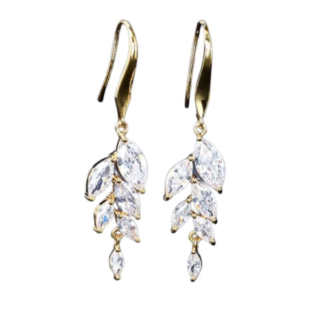 Aubrey's Leaf Dangle Earrings Formal Wedding Elegant, GOLD